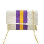 Beaded Purple And Yellow Stripe Handbag

- Magnetic Closure
- Approximately 7.5" L X 5" W
- Open Inside Pocket Approximately 3" L/W
- Gold Cross Body Removable Chain Approximately 22" L
- Spot Clean Only
-100% Cotton Canvas Bag