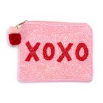 Wholesale xOXO Beaded Canvas Bag Pom Pom Zipper Fully Lined Inside Cotton Bag W