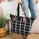 Wholesale woven Cotton Checkered Tote Bag Top Fringe Detail Coordinating Strap Z
