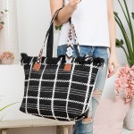 Wholesale woven Cotton Checkered Tote Bag Top Fringe Detail Coordinating Strap Z