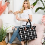 Wholesale woven Cotton Checkered Tote Bag Top Fringe Detail Coordinating Strap Z
