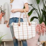 Wholesale woven Cotton Checkered Tote Bag Top Fringe Detail Coordinating Strap Z