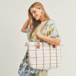 Wholesale woven Cotton Checkered Tote Bag Top Fringe Detail Coordinating Strap Z
