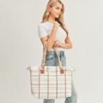 Wholesale woven Cotton Checkered Tote Bag Top Fringe Detail Coordinating Strap Z