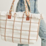 Wholesale woven Cotton Checkered Tote Bag Top Fringe Detail Coordinating Strap Z