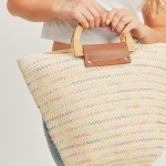 Wholesale woven Straw Bag Wooden Leather Handles Full Zipper Closure Lined Body