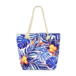 Wholesale tropical Leaf Canvas Tote Bag Braided Rope Handles Full Zipper Closure