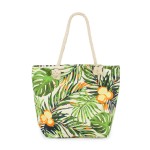 Wholesale tropical Leaf Canvas Tote Bag Braided Rope Handles Full Zipper Closure