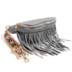 Faux Suede Fringe Sling Bag With Guitar Strap

- Lined Body 
- Full Zipper Closure With One Zipper & One Open Internal Pocket
- Body Approximately 12" W X 5" T 
- Removable Adjustable Guitar Strap (26"-50")  