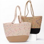 Wholesale braided Straw Rope Tote Bag Stitched Pom Accents Open Body W T D Strap