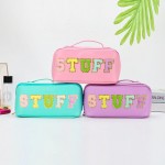 Wholesale chenille Patch Vegan Leather Travel Makeup Bag Full Zipper Closure Int