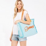 Sewn Rope 'Summer' Letter Fringed Canvas Tote Bag

- Full Zipper Closure
- Lined Body with Open Pocket
- Approximately 17.5" W X 14"T X 5" D
- 100% Polyester 