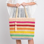 Wholesale striped Straw Crochet Tote Bag Pom Pom Tassel Full Zipper Closure Line