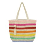 Wholesale striped Straw Crochet Tote Bag Pom Pom Tassel Full Zipper Closure Line