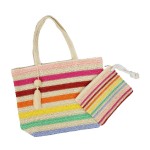 Wholesale striped Straw Crochet Tote Bag Pom Pom Tassel Full Zipper Closure Line