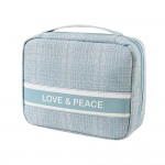 'LOVE & PEACE' Woven Make Up Bag With Handle 

- Full Zipper Closer
- Lined Body
- Internal Mesh Zipper Pocket 
- Approximately 8.5" W X 6.5" H X 2.5" D
- 100% Polyester