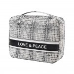 'LOVE & PEACE' Woven Make Up Bag With Handle 

- Full Zipper Closer
- Lined Body
- Internal Mesh Zipper Pocket 
- Approximately 8.5" W X 6.5" H X 2.5" D
- 100% Polyester