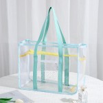 Clear Tote Bag With Mesh Netting and Glitter Stars Detail

- Zip Closure
- One Outer Front Pocket / Two Inner Mesh Net Pockets
- Approximately 13" L x 10" T x 6" D
- Handle Drop 8" L
- 100% PVC