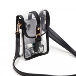 Clear Cross Body Bag With Leather Trim Featuring Snap Latch Buckle Closure

- Adjustable Vegan Leather Strap
- Approximately 7" T x 5" L x 2" W
- Strap Drop 24"- 50" L