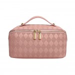 Wholesale vegan Leather Diamond Checker Travel Makeup Bag Full Zipper Closure In