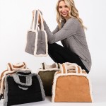Wholesale faux Suede Cross Body Tote Bag Sherpa Lined Edges Full Zip Closure Lin