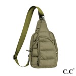 C.C BGS4490
Puffer Padding Sling Bag

- Full Zipper Closure
- Main Body: One Mesh Pocket & One Open Pocket 
- Front Open Pocket With Clip Closure
- Front Zipper Pocket / Back Open Pocket
- Side Adjustable Sling Strap
- Approximately 6" L X 8.5" T X 2" D
- Strap Adjustable 22-42" L