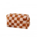 Wholesale faux Fur Checker Make Up Pouch Full Zipper Closure Lined Body T L D