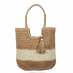 Wholesale two Woven Straw Tote Bag Wood Beaded Tassel Detail Zip Closure Lined B