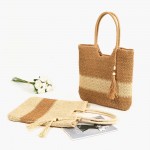 Wholesale two Woven Straw Tote Bag Wood Beaded Tassel Detail Zip Closure Lined B