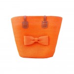 Wholesale woven Straw Tote Bag Straw Bow Accent Vegan Leather Straps Zip Closure