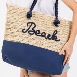 Wholesale canvas Woven Straw Tote Bag Rope Straps Sewn Rope Beach Detail Full Zi
