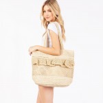 Wholesale woven Straw Tote Bag Ruffle Detail Snap Closure Lined Body Open Pocket