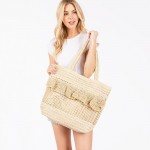 Wholesale woven Straw Tote Bag Ruffle Detail Snap Closure Lined Body Open Pocket