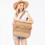 Wholesale woven Straw Tote Bag Ruffle Detail Snap Closure Lined Body Open Pocket