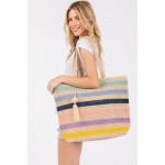 Wholesale striped Straw Crochet Tote Bag Pom Pom Tassel Full Zipper Closure Line