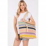 Wholesale striped Straw Crochet Tote Bag Pom Pom Tassel Full Zipper Closure Line