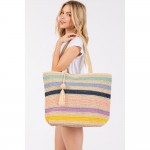 Wholesale striped Straw Crochet Tote Bag Pom Pom Tassel Full Zipper Closure Line