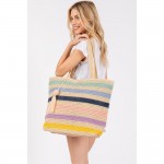 Wholesale striped Straw Crochet Tote Bag Pom Pom Tassel Full Zipper Closure Line