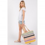 Wholesale striped Straw Crochet Tote Bag Pom Pom Tassel Full Zipper Closure Line