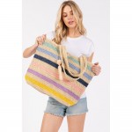 Wholesale striped Straw Crochet Tote Bag Pom Pom Tassel Full Zipper Closure Line