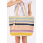 Wholesale striped Straw Crochet Tote Bag Pom Pom Tassel Full Zipper Closure Line