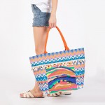 Wholesale abstract Chevron Printed Canvas Tote Bag Fringe Pom Detail Full Zip Cl