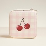 Wholesale plaid Cherries Print Vegan Leather Travel Jewelry Box Full Zipper Clos