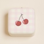 Wholesale plaid Cherries Print Vegan Leather Travel Jewelry Box Full Zipper Clos