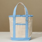 Mini Canvas Tote Bag 

- Zip Closure
- Handle Drop 2" L 
- Approximately 9" L X 6" T X 3.5" D 
- 100% Cotton