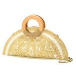 Half Circle Woven Jute Cross Body Clutch Bag With Painted Floral Details & Wooden Circle Handles

- Made In India
- Snap Closure
- Handle Drop 1" L
- Removeable Chain Strap 22" L
- Approximately 15.5" L X 8" T X 13" D