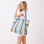 Wholesale straw Tote Bag Multi Color Stripes Snap Closure Lined Body Open Pocket