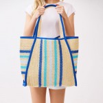 Wholesale straw Tote Bag Multi Color Stripes Snap Closure Lined Body Open Pocket