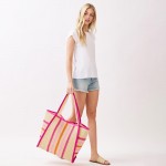 Wholesale straw Tote Bag Multi Color Stripes Snap Closure Lined Body Open Pocket