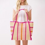 Wholesale straw Tote Bag Multi Color Stripes Snap Closure Lined Body Open Pocket